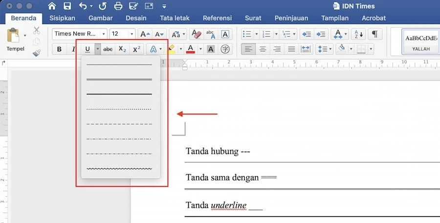 Menggunakan Tools Garis Bawah (Underline)