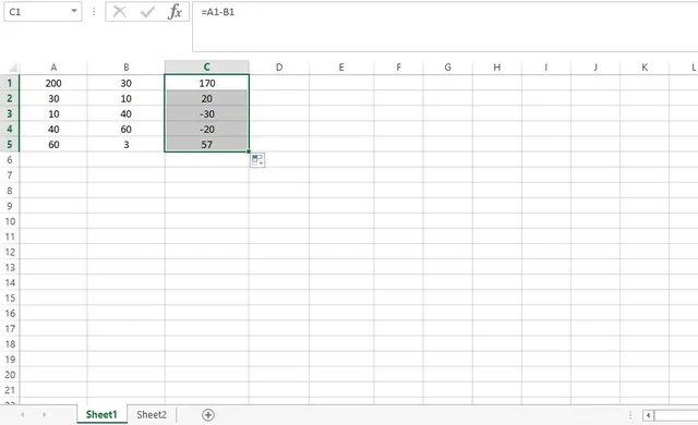 Rumus Pengurangan Excel Manual antar Sel