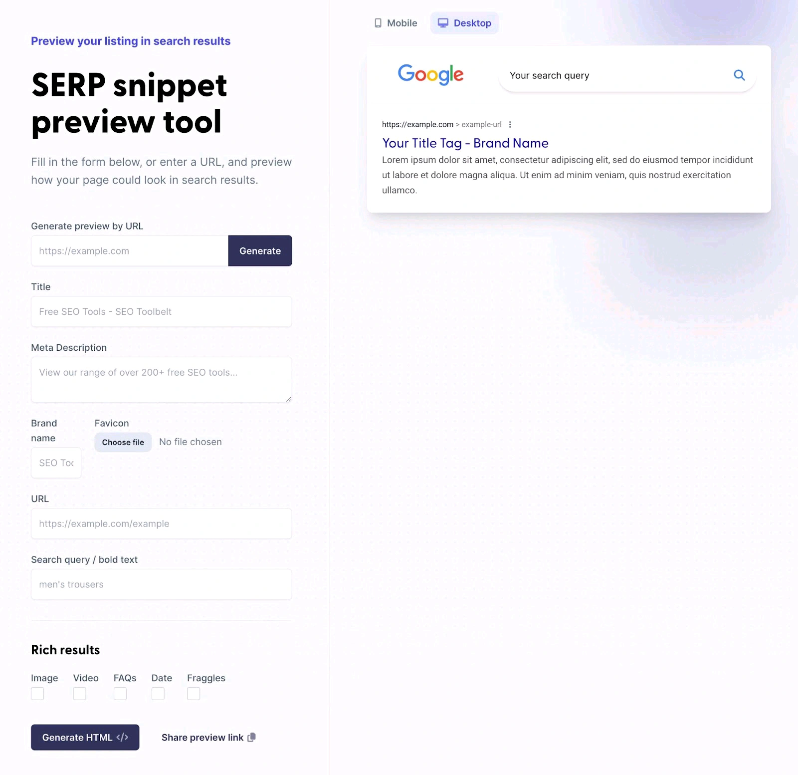 SERP Snippet Preview Tool SEO Toolbelt