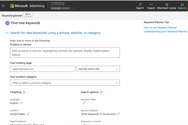 Microsoft Advertising Keyword Planner